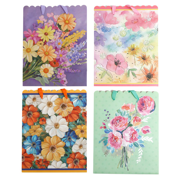 GIFT BAG LARGE FLORAL W/SCALLOP TOP HOTSTAMP 10.2 X 4.7 X 13IN 4AST/LABEL