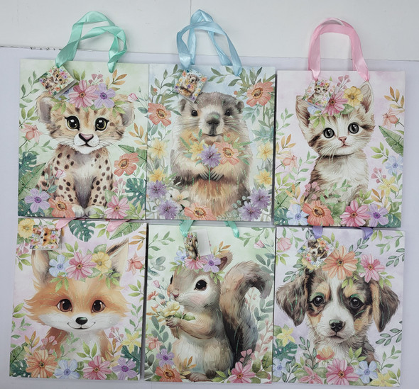 GIFT BAG LG SWEET ANIMAL IN FLORALS GLITTERED 6AST 10.2 X 12.6 X 4.72IN