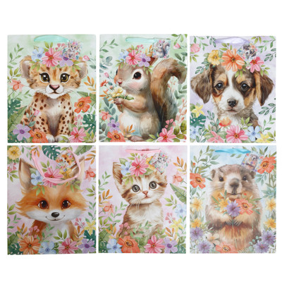 GIFT BAG LG SWEET ANIMAL IN FLORALS GLITTERED 6AST 10.2 X 12.6 X 4.72IN