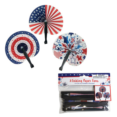HAND FAN PATRIOTIC 3PK ACCORDIAN PAPER 9IN DIA/PBH