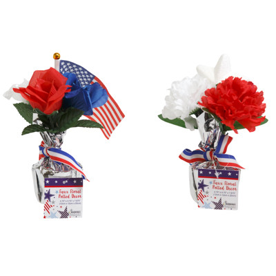 FLORAL POTTED DECOR PATRIOTIC 2AST FAUX ROSES/CARNATIONS 7.8IN X 4.75/HT