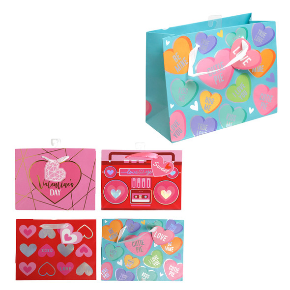GIFT BAG VALENTINE MED HORIZONTAL 9X7X3.875IN/4AST HOTSTAMP IN 36PC PDQ