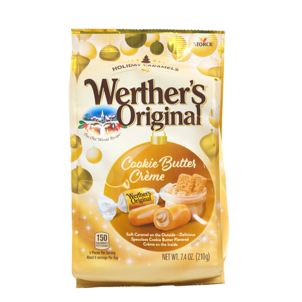 WERTHER'S HOLIDAY CARAMELS COOKIE BUTTER CREME 7.4 OZ STAND UP BAG COUNTER DISPLAY