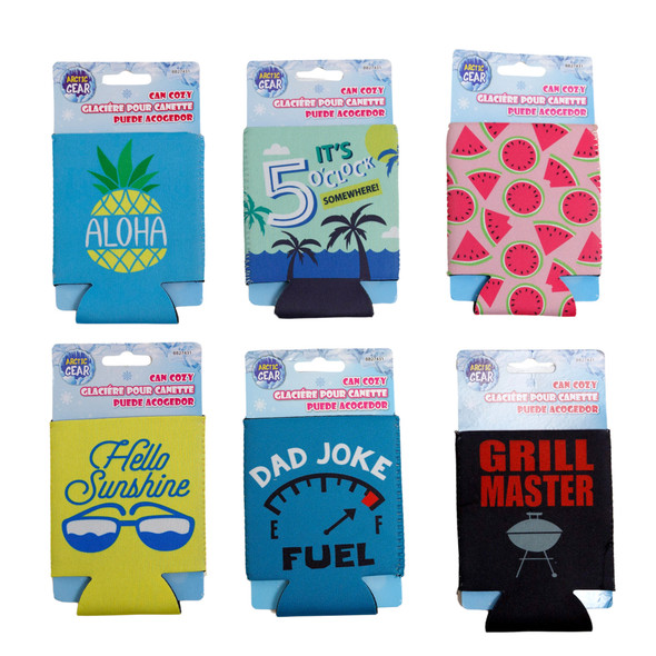 CAN BOTTLE/SLEEVE NEOPRENE 6AST SUMMER FUN PRINTS/HEADER W/12PC MDSGSTRIP/PB