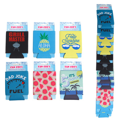 CAN BOTTLE/SLEEVE NEOPRENE 6AST SUMMER FUN PRINTS/HEADER W/12PC MDSGSTRIP/PB