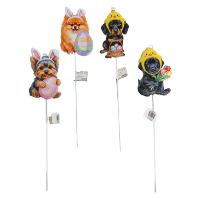 EASTER EAGER PUPPYS PICKS METAL 4AST W/HANGER BACK 14IN/BARBELL LABEL