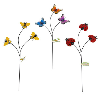GARDEN YARD STAKE METAL 21IN 3 BRANCH BUGS/FLORAL 6AST W/BARBELL L&G LABEL