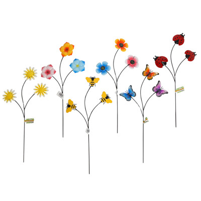 GARDEN YARD STAKE METAL 21IN 3 BRANCH BUGS/FLORAL 6AST W/BARBELL L&G LABEL
