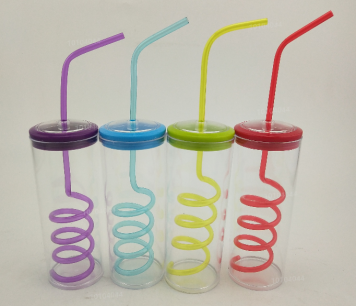 WATER BOTTLE W/SPIRAL STRAW 12OZ/350ML 4AST COLORS IN 12PC PDQ