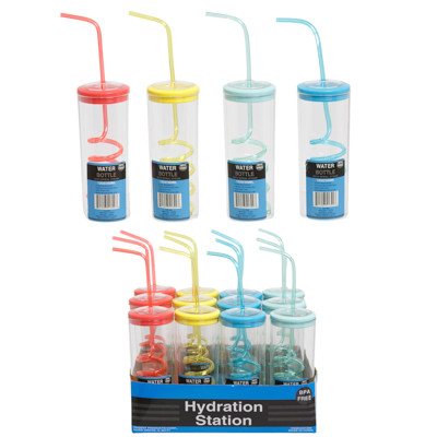 WATER BOTTLE W/SPIRAL STRAW 12OZ/350ML 4AST COLORS IN 12PC PDQ