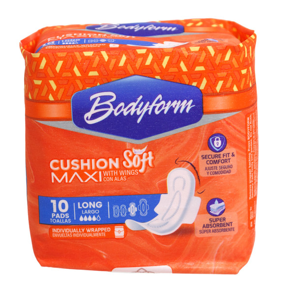 MAXI PADS 10CT W/WINGS BODYFORM SUPER COMFORTABLE & LEAK-PROOF PROTECTION LONG CUSHION SOFT