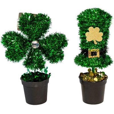 TABLE DECOR TINSEL ST. PAT 2AST LEPRECHAUN HAT OR SHAMROCK IN PLANTER 9-10IN H ST. PAT HT