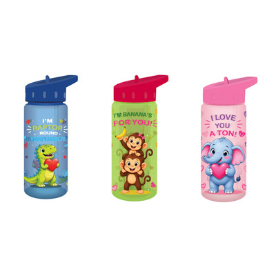 SIPPER BOTTLE W/FLIPTOP STRAW VALENTINE 16OZ/3AST PRINTS 18PC PDQ/LABEL