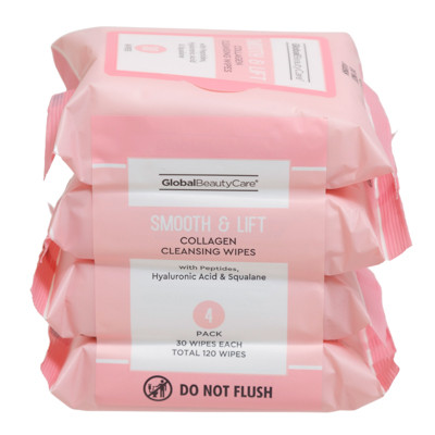 FACIAL WIPES 4/30CT SMOOTH & LIFT COLLAGEN W/PEPTIDES HYALURONIC ACID & SQUALANE CLEANSING WIPES GBC NO ONLINE SALES