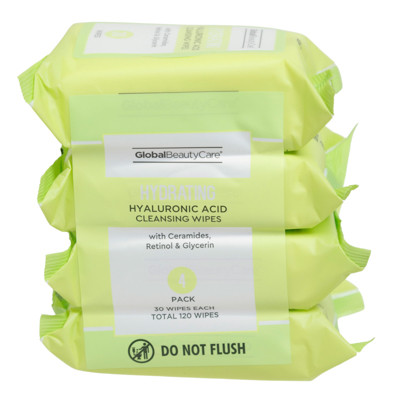 FACIAL WIPES 4/30CT HYDRATING HYALURONIC ACID CLEANSING WIPES W/CERAMIDES RETINOL & GLYCERIN GBC NO ONLINE SALES