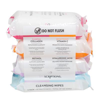 FACIAL WIPES 4/30CT PLUMP , BRIGHT , FIRM , HYDRATE CLEANSING WIPES SPA SCRIPTION NO ONLINE SALES