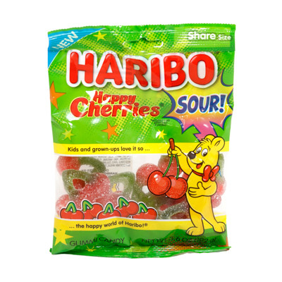 HARIBO HAPPY CHERRIES SOUR 3.6 OZ PEG BAG