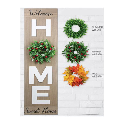 DOOR LEANER SIGN HOME W/3 INTERCHANGABLE SEASONAL WREATHS WOOD 11.75X1.5X44