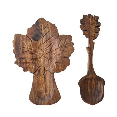 SPOON REST W/SPOON LEAF ACACIA WOOD 9X5.5X0.6