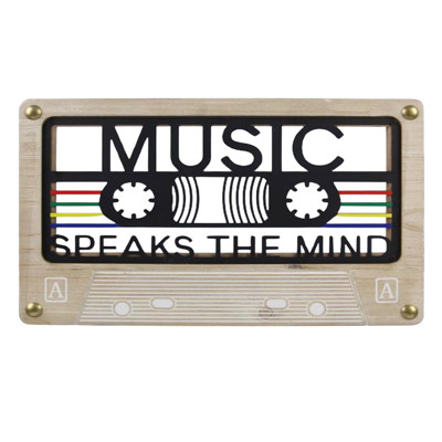 WALL SIGN MUSIC SPEAKS THE MIND CASSET LASER CUT METAL/WOOD 14.25X0.4X9.13