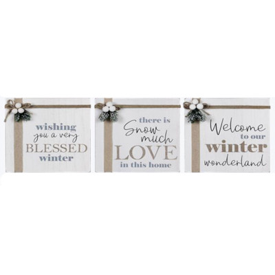 BOX SIGN 3AST WINTER SNOW WHITE WOOD 10X1.25X10