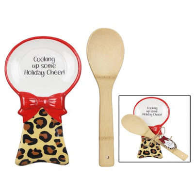 SPOON REST W/SPOON 2PC SET CHRITMAS LEOPARD CERAMIC 9.05X4.72X1.18