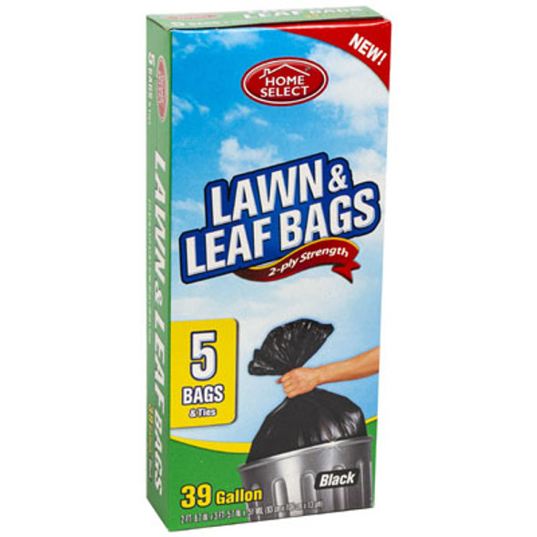 TRASH BAGS 5CT - 39 GALLON LAWN & LEAF W/TIES BLACK HOME SELECT 2-PLY STRENGTH