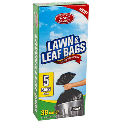 TRASH BAGS 5CT - 39 GALLON LAWN & LEAF W/TIES BLACK HOME SELECT 2-PLY STRENGTH