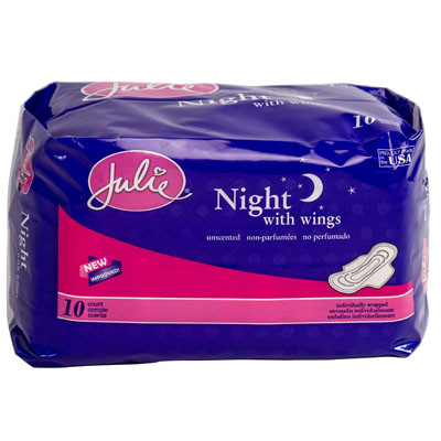 MAXI PADS W/WINGS 10CT OVERNIGHT ABSORBANCY UNSCENTED JULIE BRAND#10065C