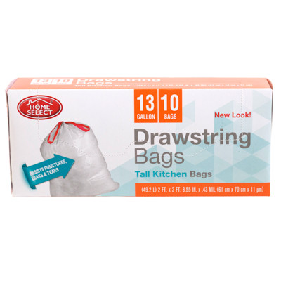 TRASH BAGS 10CT - 13 GALLON TALL KITCHEN DRAWSTRING WHITE HOME SELECT 2-PLY STRENGTH