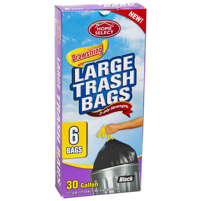 TRASH BAGS 6CT - 30 GALLON LARGE DRAWSTRING BLACK HOME SELECT 2-PLY STRENGTH