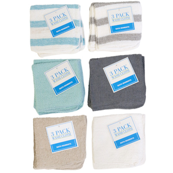 WASH CLOTHS 3PK 11X11 ASSORTED COLORS PEGGABLE  #2120-3WC