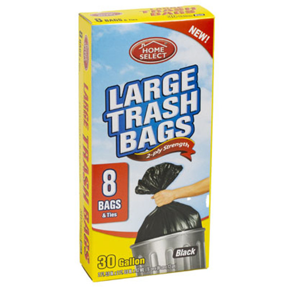 TRASH BAGS 8CT - 30 GALLON LARGE W/TIES BLACK HOME SELECT 2-PLY STRENGTH