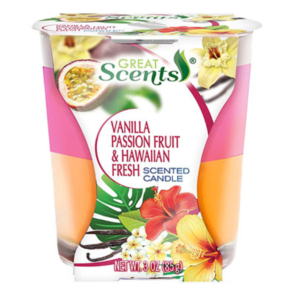 CANDLE SCENTED 2-N-1 3OZ JAR VANILLA PASSION FRT & HAWAIIAN FRESH GREAT SCENTS