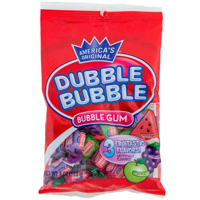 DUBBLE BUBBLE BUBBLE GUM 3 FRUIT FLAVORS 4 OZ PEG BAG