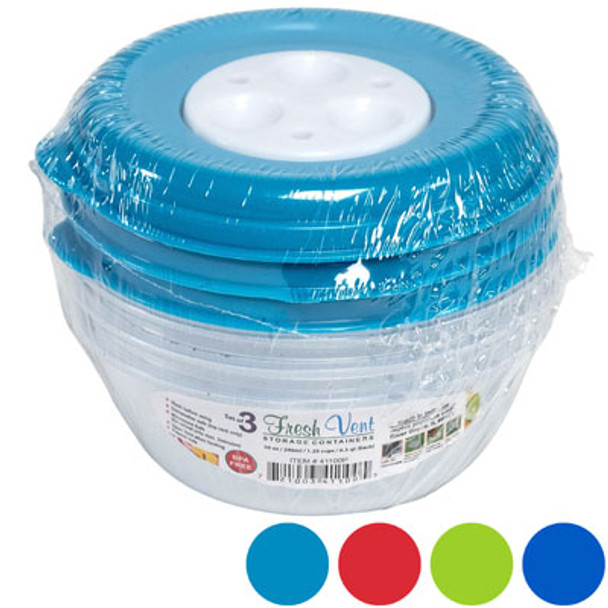 FOOD STORAGE SET OF 3, 10 OZ 295 ML ROUND FRESH VENT 4 COLOR LIDS IN PDQ #5311X3N