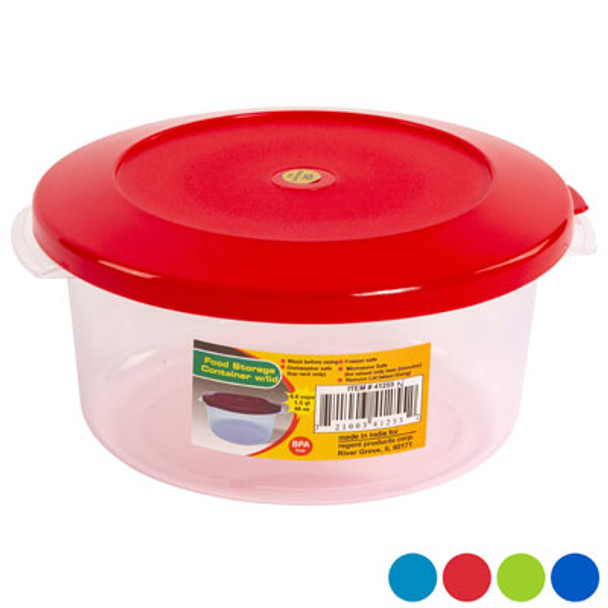 FOOD STORAGE CONT 48 OZ 6.75 CUPS ROUND 4 COLOR LIDS W/CLEAR BOTTOM #NOVA 1500 LID