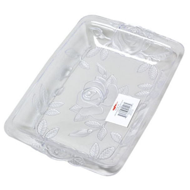 SERVING TRAY W/EMBOSSED ROSES & LEAVES CLEAR IN WHITE PDQ 12.75L X 8.5W X 1.5H 175G