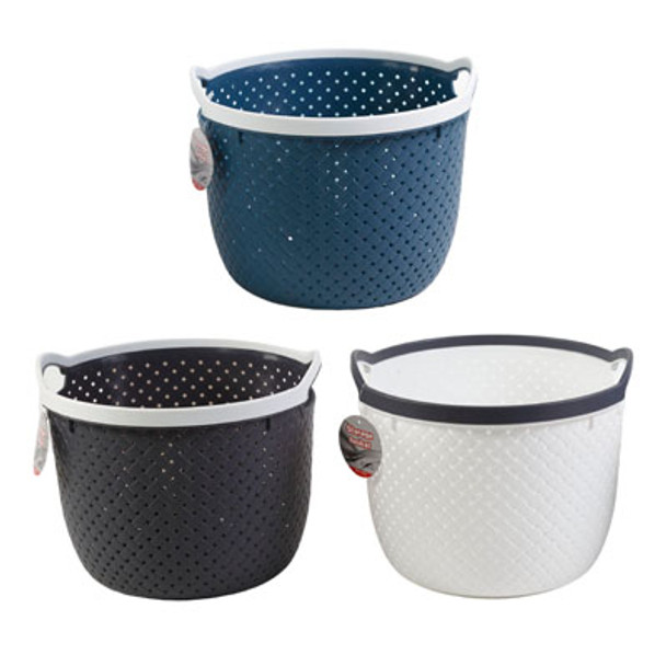 STORAGE BASKET ROUND W/HANDLE 8.75 X 6.6 X 7.1 IN 3AST COLORS