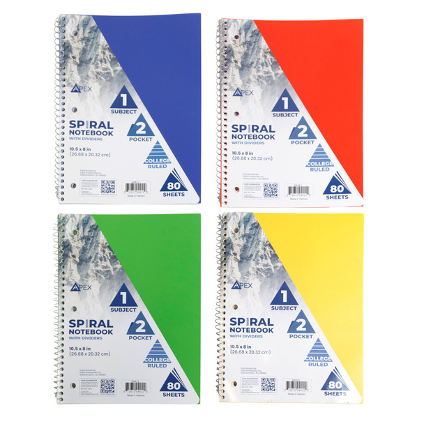 NOTEBOOK W/2 POCKET 80SHEET COLLEGE RULED POLY COVER 1SUB 4AST COLORS