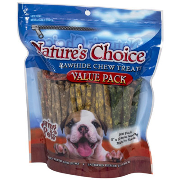 DOG TREATS RAWHIDE 100PK 5 INCH ASSORTED MUNCHY STICKS RESEALABLE ZIPPER