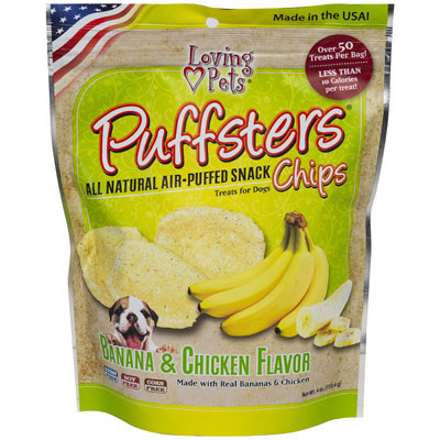 DOG TREATS PUFFSTERS CHIPS BANANA & CHICKEN 4 OZ MADE IN USA