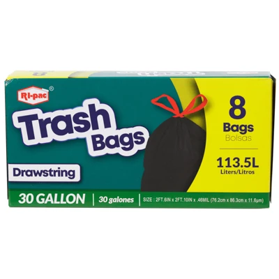 TRASH BAGS 8CT - 30 GAL OUTDOOR 0.42MIL DRAWSTRING BOXED