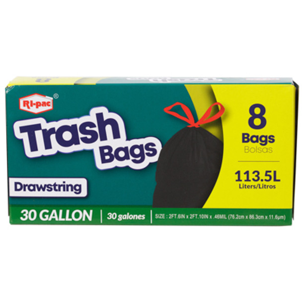 TRASH BAGS 8CT - 30 GAL OUTDOOR 0.42MIL DRAWSTRING BOXED