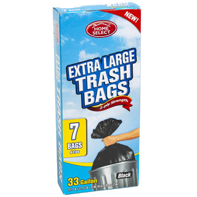 TRASH BAGS 7CT - 33 GALLON XL W/TIES BLACK HOME SELECT 2-PLY STRENGTH