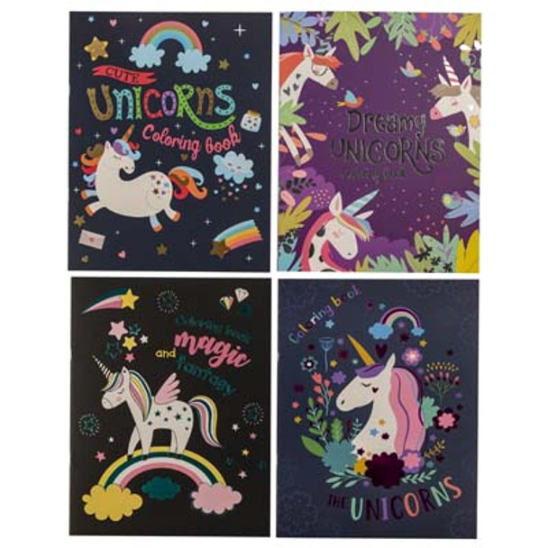 COLORING BOOK FOIL UNICORN 4 ASSORTED COUNTER DISPLAY