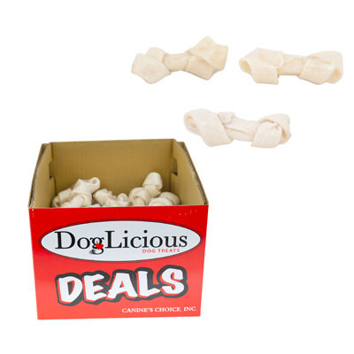 DOG TREATS 4-5 INCH KNOTTED BONE RAWHIDE CHEW NATURAL WHITE COUNTER DISPLAY