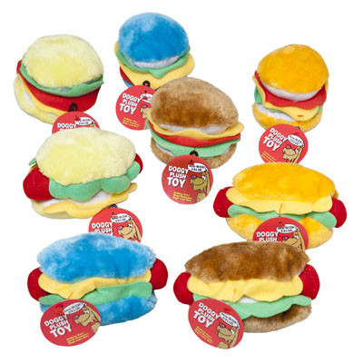 DOG TOY PLUSH WITH SQUEAKER HOT DOG & HAMBURGER IN PDQ HANG TAG