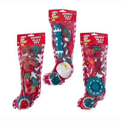 DOG TOY CHRISTMAS STOCKING 4PC 3 ASSORTED IN PDQ