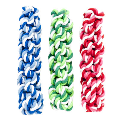 DOG TOY ROPE TWIST 7.5 INCH 3 COLORS W/HANG TAG IN PDQ